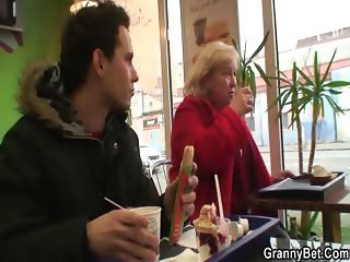 Huge grandma is picked up in cafe