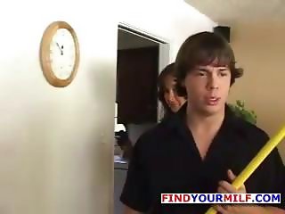 Hot busty brunette mom is giving her son's friend a hot fuck ride